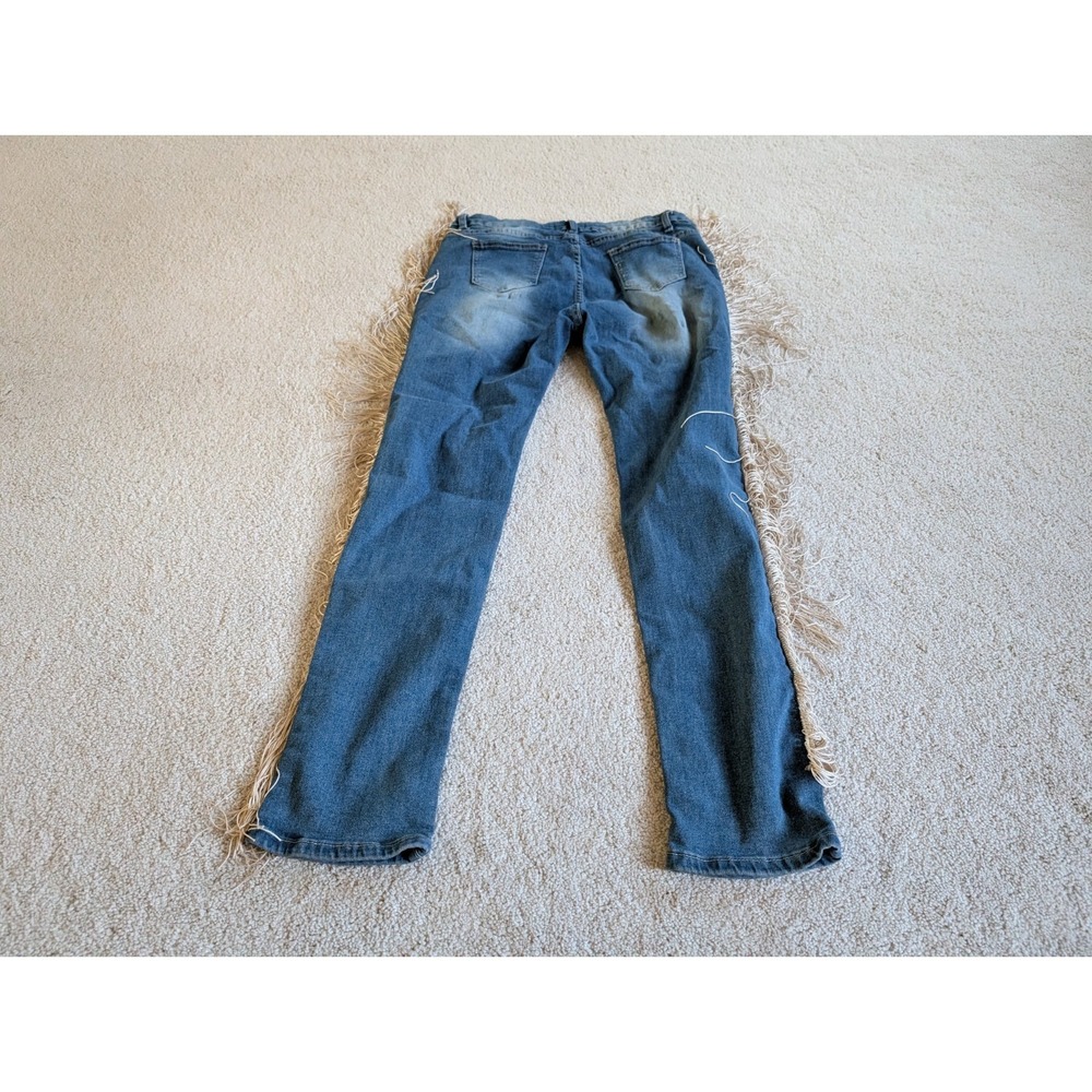 Mundefeis Womens Denim Fringe Boho Jeans XL Blue Distressed Straight Leg - Picture 12 of 14